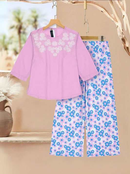 Light Pink and Blue Velvour Girls Printed Co-ord Set-VG162-B