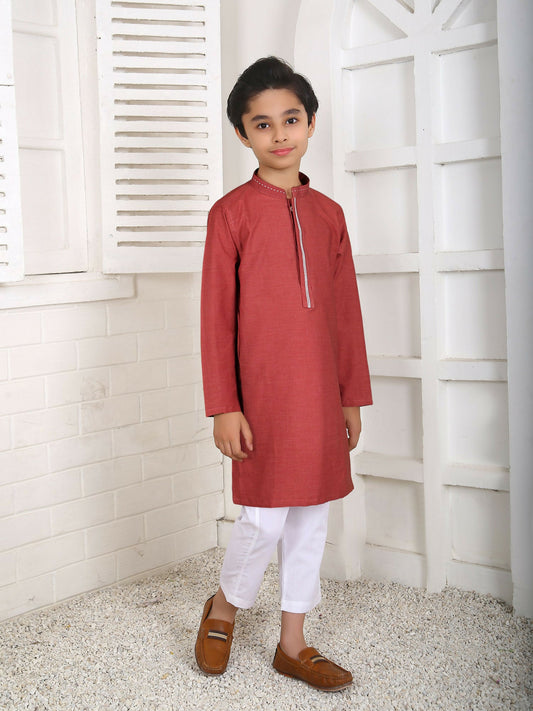 Boy wearing stitched cotton kurta with fine detailing, paired with white trouser, mandarin collar, full sleeves, and regular fit, ideal for traditional and formal wear