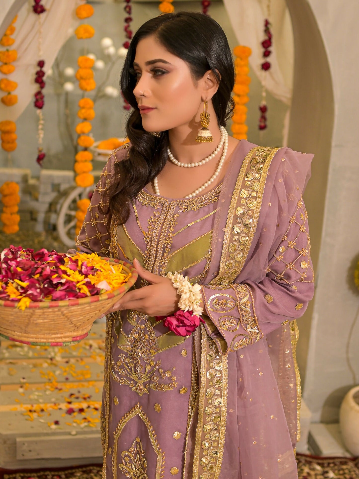 Ruby's Couture Poshak Plain Organza Embellished Lehenga-Mayal