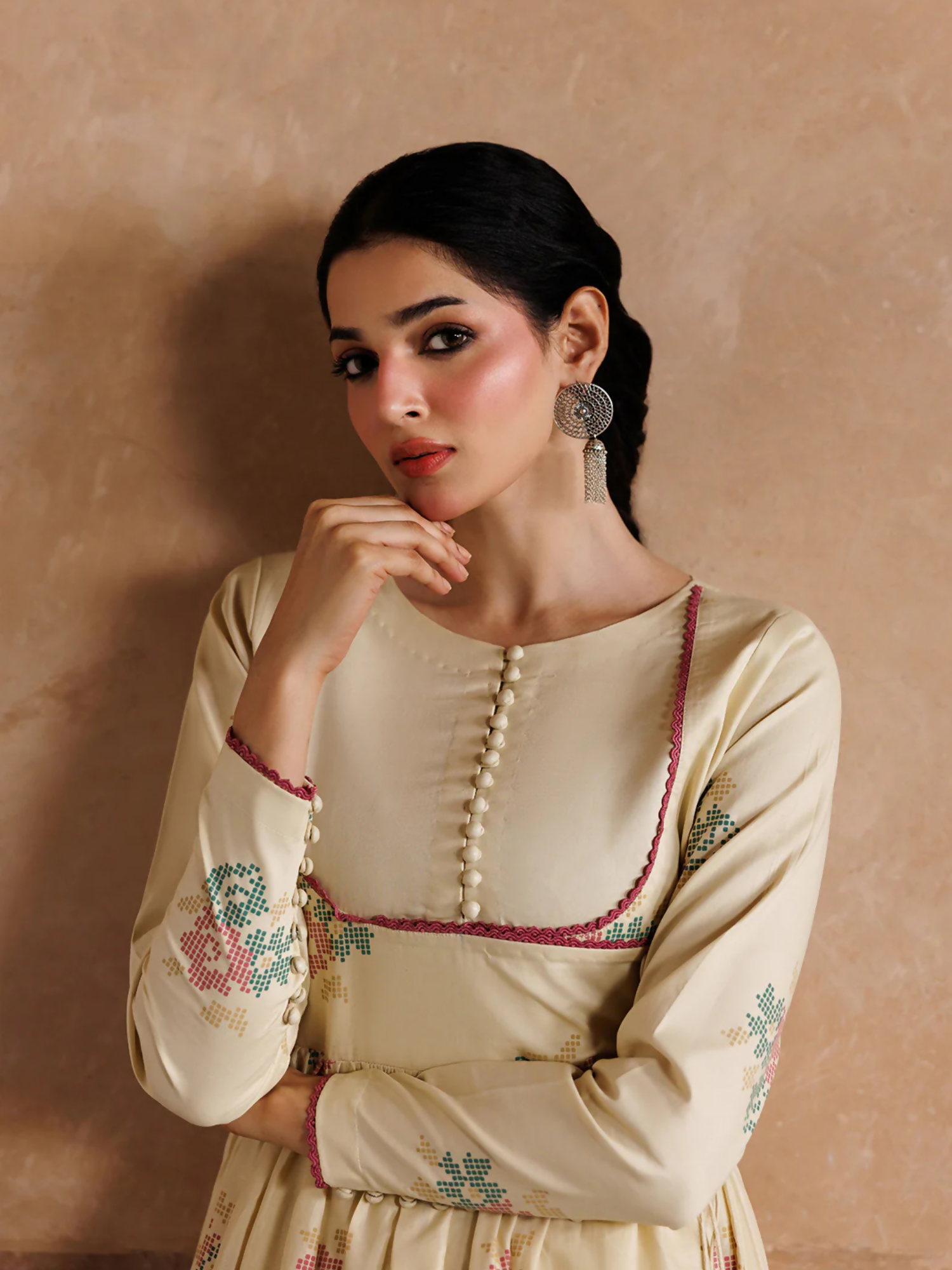 Cream Panache Apparel Noor Mahal Cotton Printed Stitched Suit-Noorzaad