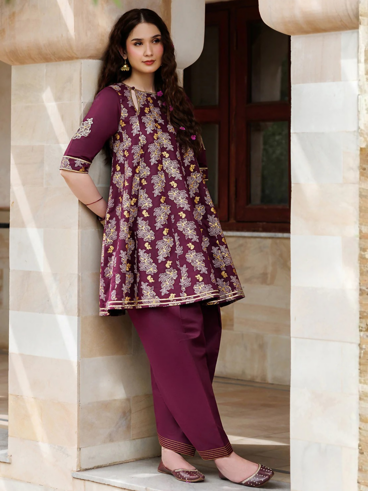 Maroon Panache Apparel Noor Mahal Cotton Printed Stitched Suit-Seraya