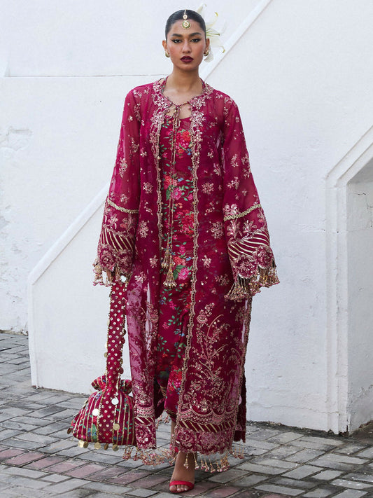 Burgundy unstitched 4-piece suit featuring embroidered organza jacket, printed Thai silk inner shirt, embroidered organza dupatta, and floral printed Korean silk choridar trousers.