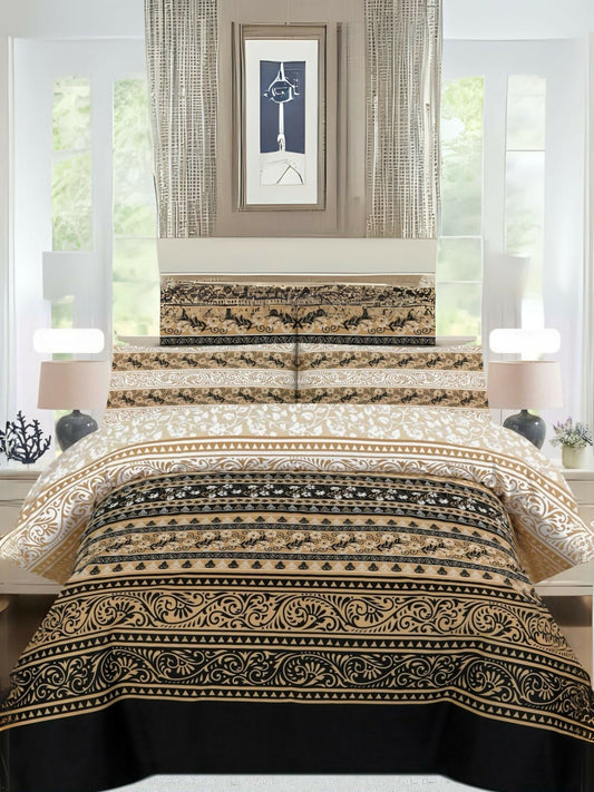 Export quality king size bedsheet set in a mix of brown and black with two matching pillow covers, displayed neatly on a bed.