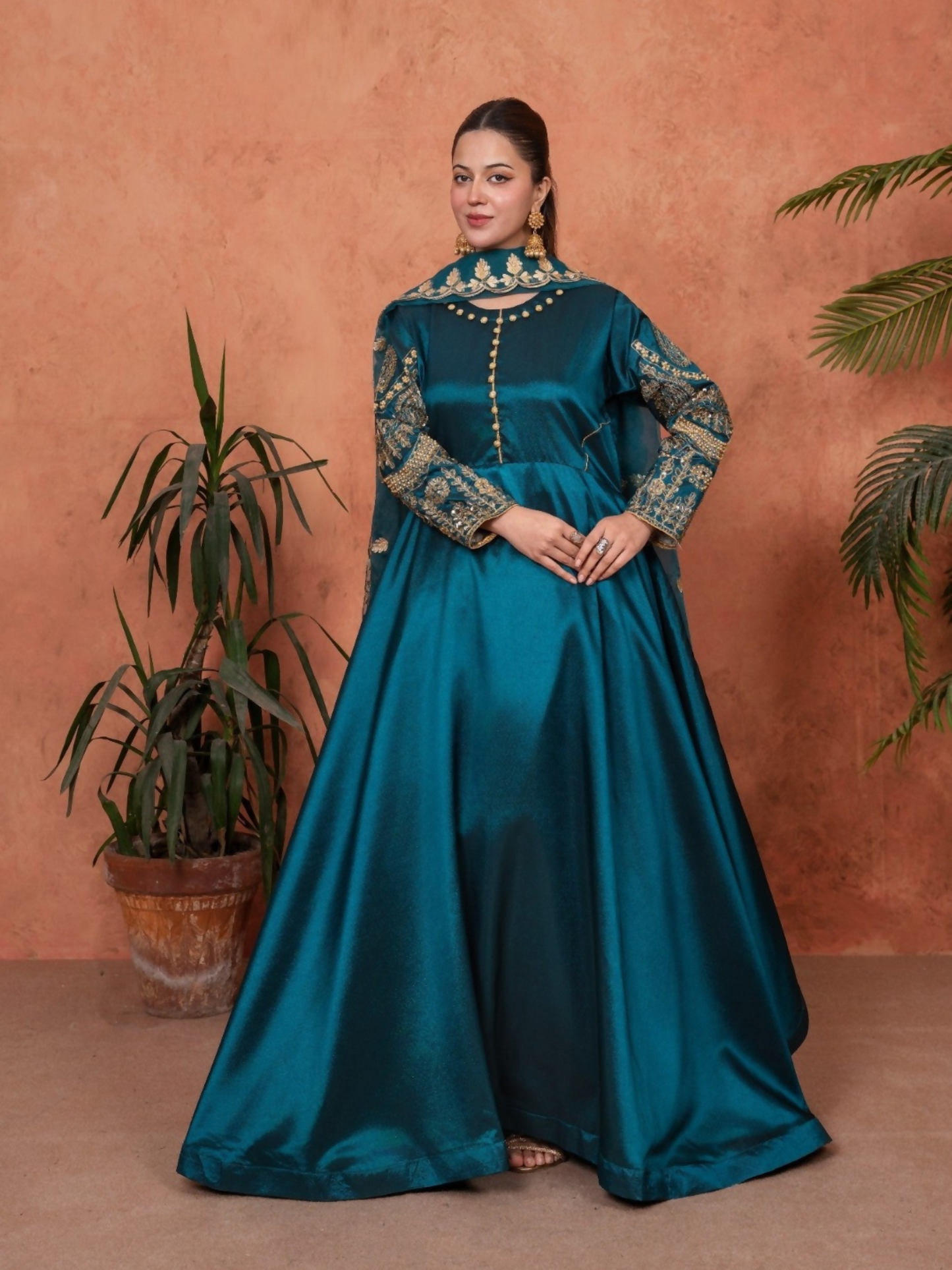 Stylish Collection Majeste Silk Embroidered Maxi-Zuri Teal
