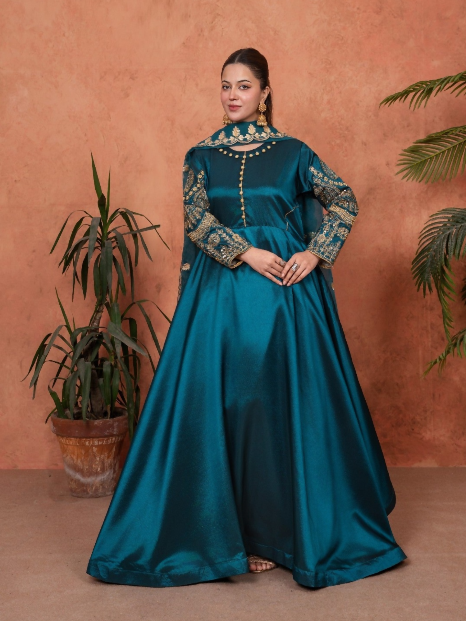 Stylish Collection Majeste Silk Embroidered Maxi-Zuri Teal