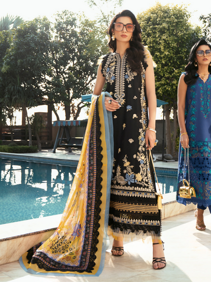 Embroidered lawn suit with printed silk dupatta and plain cotton trouser.