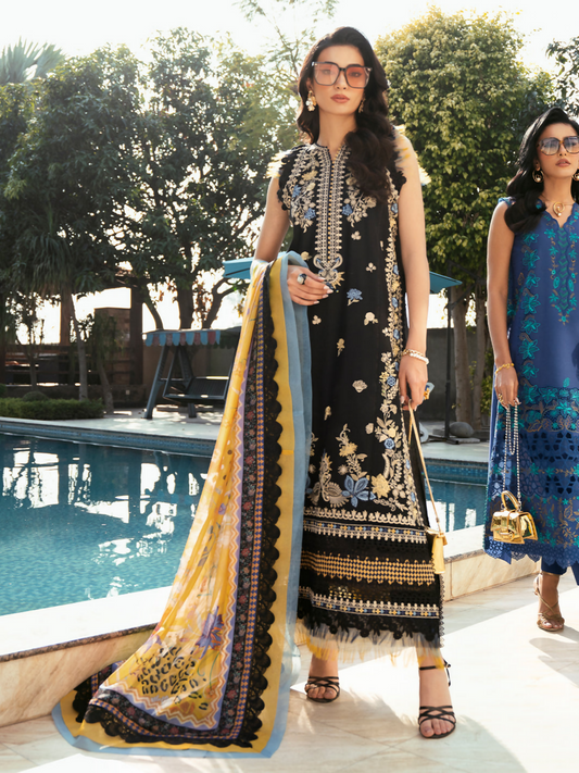 Embroidered lawn suit with printed silk dupatta and plain cotton trouser.