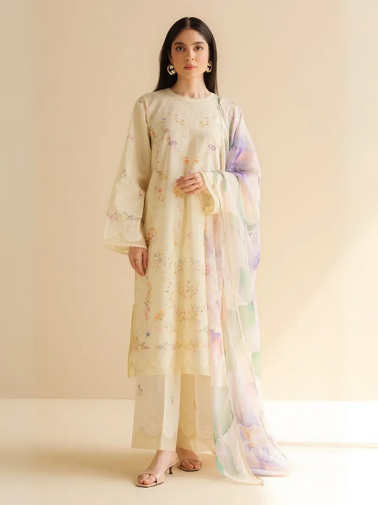 Unstitched 3-piece printed suit with pastel floral lawn shirt, printed cambric trouser, and bold floral silk dupatta.