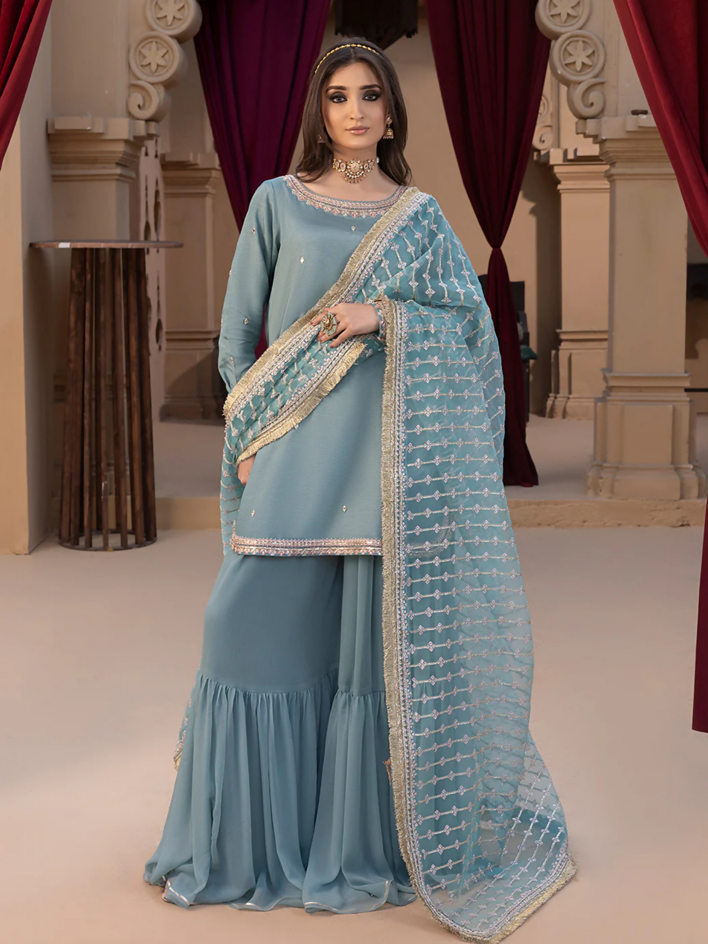 Hemstitch Raw Silk Embroidered Stitched Gharara-Layla