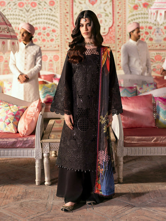 Unstitched 3-piece lawn suit from Mahnur Aangan collection with embroidered shirt, chiffon dupatta, and dyed trouser.