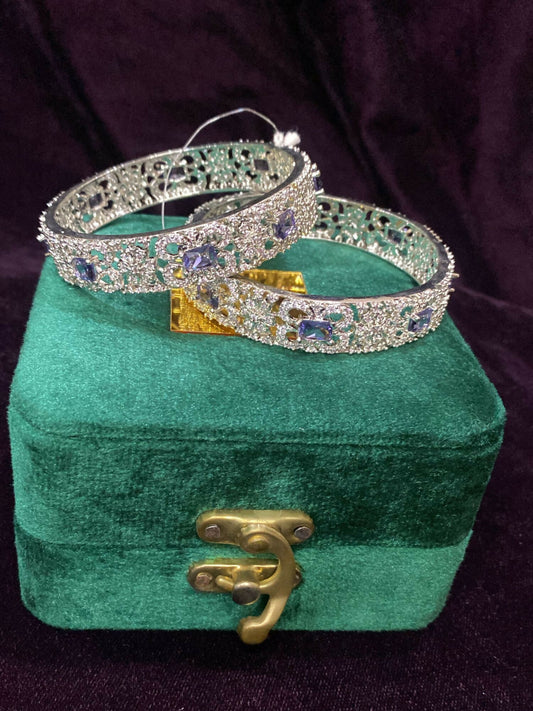 Noor Bilal one carat silver bangles with purple and silver zircon accents, elegant traditional jewellery set.