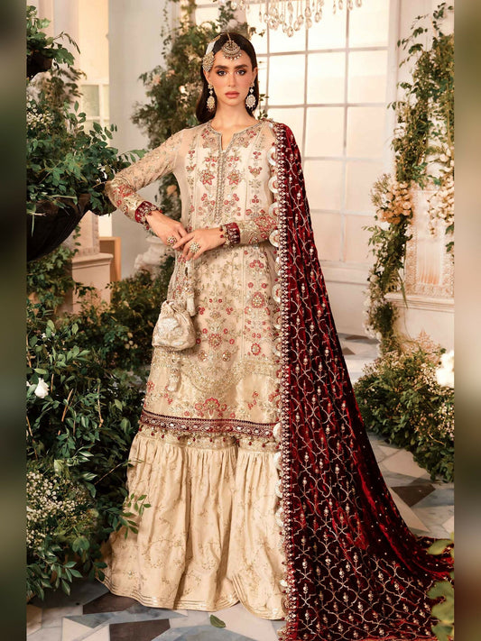 Light Beige Maria.B mbroidered Organza Embroidered Unstitched 3-Peice Suit-CST-803