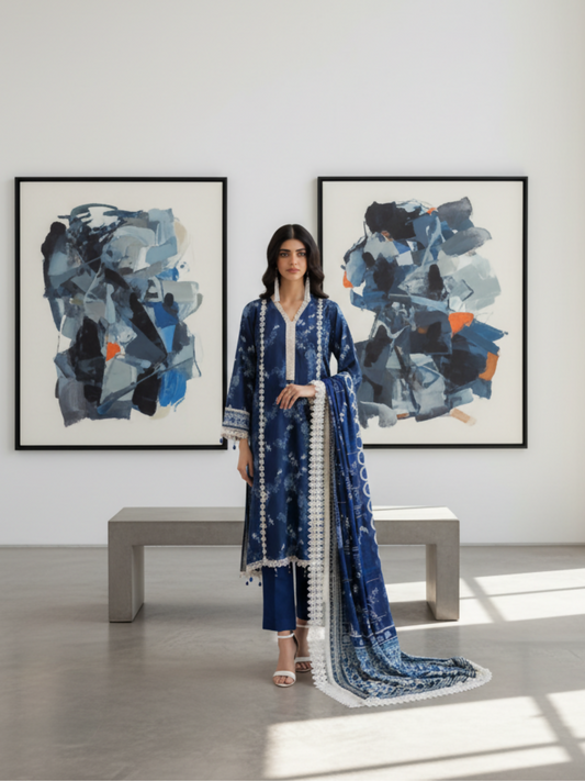Mausummery Linen Printed Unstitched 3-Piece Suit-Sapphire