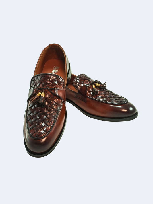 Shazif Handwoven Leather Loafers – Luxe Weave Tassel with handwoven texture, tassel detail, and slip-on style