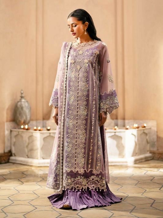 Bin Ilyas unstitched 3-piece suit with embroidered organza front and back, 3D floral details, dyed net embroidered dupatta, and dyed cotton trouser.