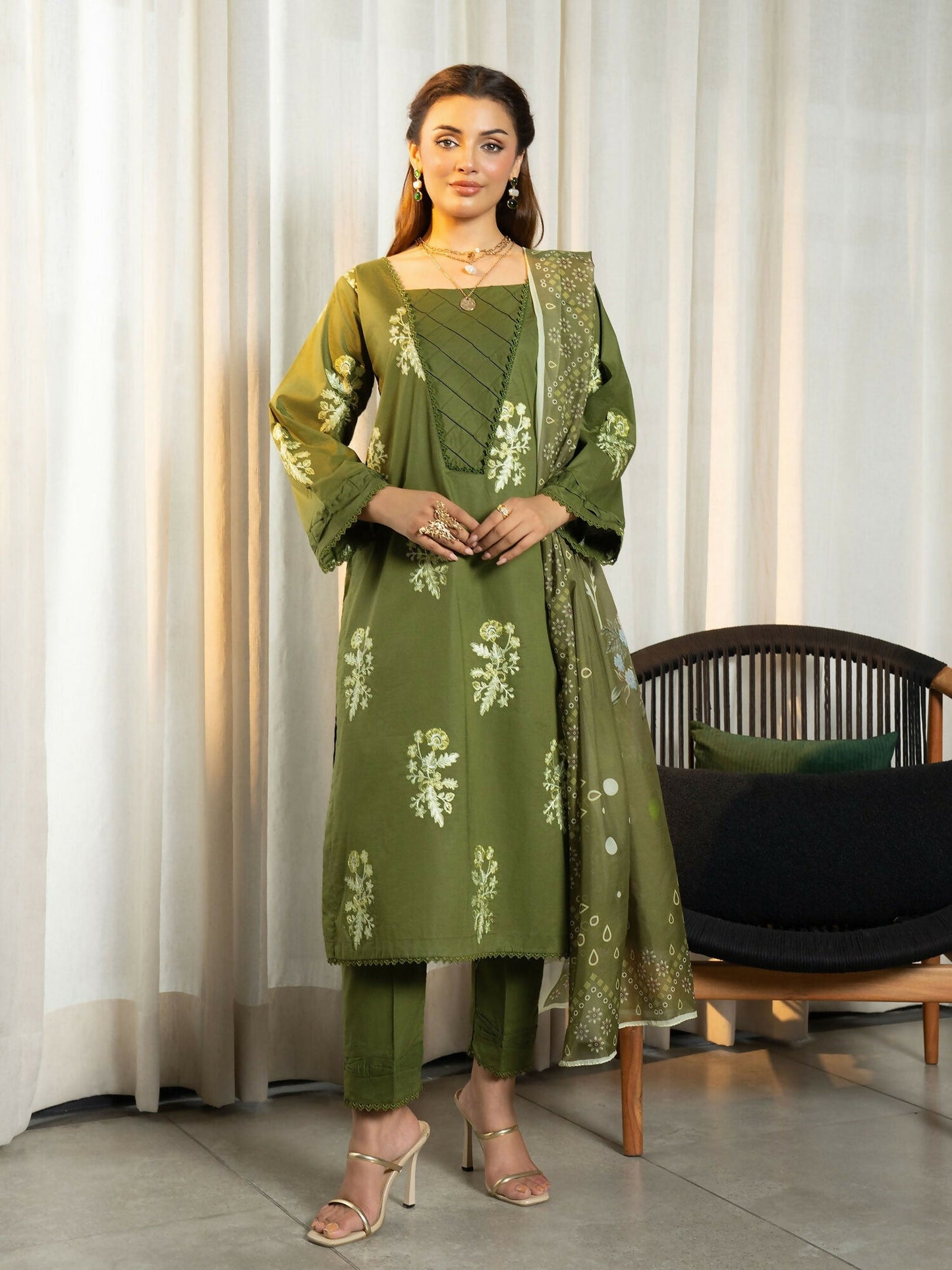 Panache Apparel Solid Story Cotton Lawn Embroidered Stitched Suit-Nerina