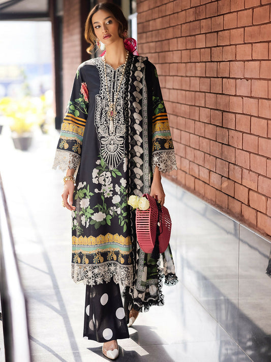 Unstitched 3-piece lawn suit with embroidered neckline, embroidered borders, printed lawn shirt, printed chiffon dupatta, and printed trousers.