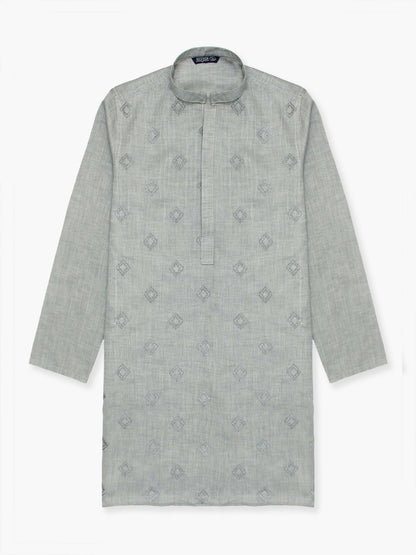 Boy wearing embroidered cotton stitched kurta with mandarin collar, full sleeves, and regular fit – elegant ethnic wear for kids.