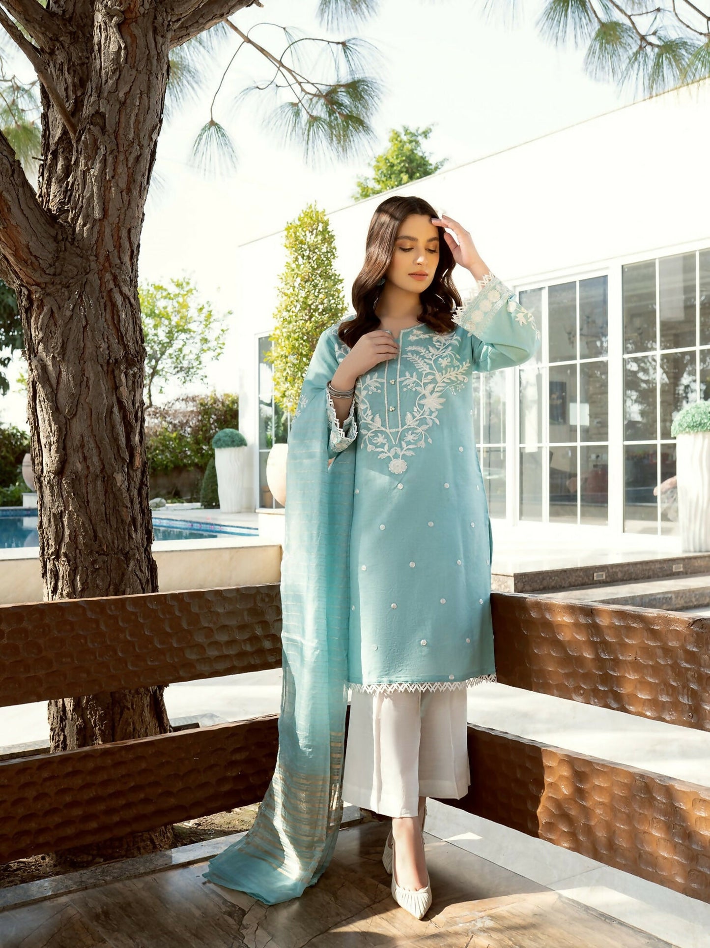 Panache Apparel Cotton Embroidered Stitched 2-Piece Suit-Pearly