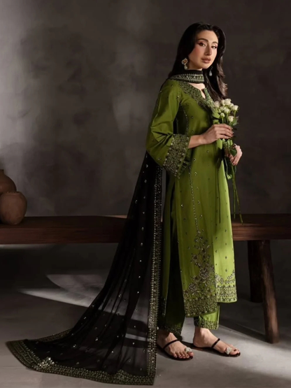 Green Khubsurat Libas Linen Embroidered Stitched 3-Piece Suit-Ezzal