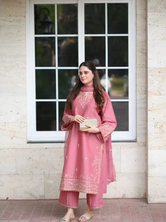 Pink Silai Libas Linen Embroidered Stitched 3-Piece Suit-Aarzoo