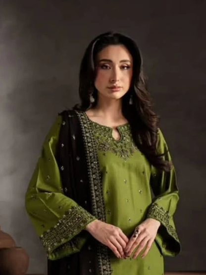 Green Khubsurat Libas Linen Embroidered Stitched 3-Piece Suit-Ezzal