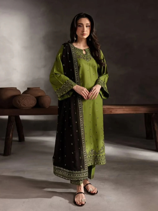 Green Silai Libas Linen Embroidered Stitched 3-Piece Suit-Ezzal