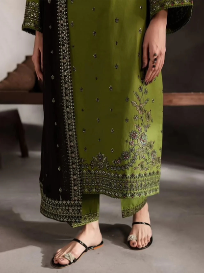 Green Khubsurat Libas Linen Embroidered Stitched 3-Piece Suit-Ezzal