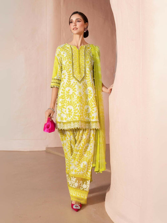 Maria.B white and yellow printed lawn shirt with dual embroidered pattis, printed cambric trouser, and printed chiffon dupatta.