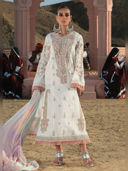 White Wardha Saleem Summer Collection Lawn Embroidered Unstitched 3-Piece Suit-D-01 Noor