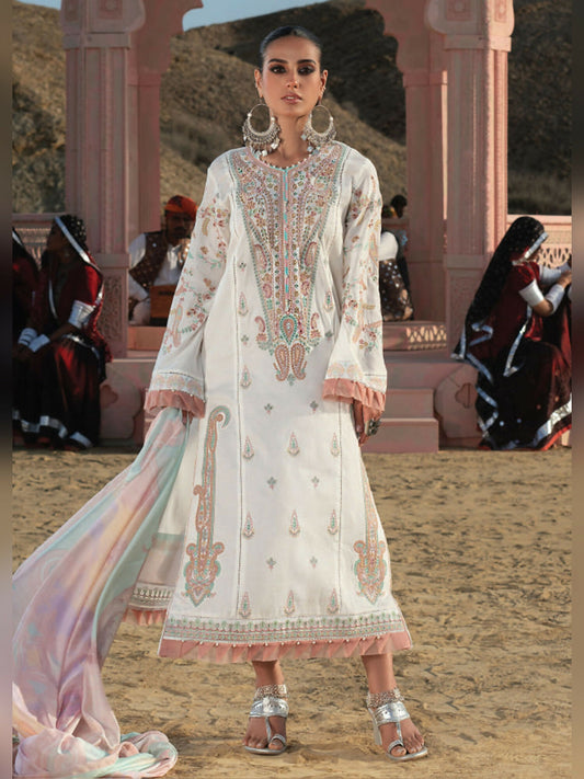 White Wardha Saleem Summer Collection Lawn Embroidered Unstitched 3-Piece Suit-D-01 Noor