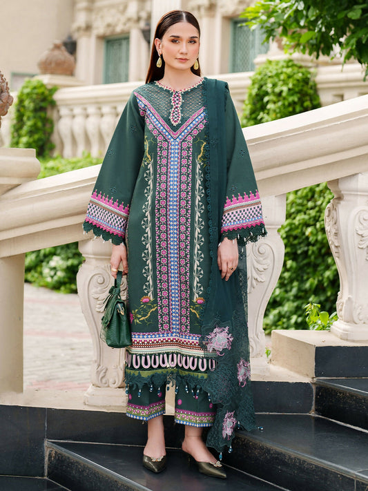Parishay Ivy Bloom Winter unstitched 3-piece suit with embroidered neckline, front border, embroidered sleeves, chiffon dupatta, and viscose trouser.