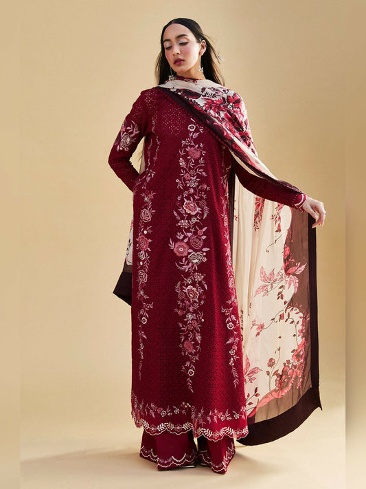 Maroon color of Zara Shahjahan Luxury Lawn Embroidered Unstitched 3-Piece Suit-Asa-5B
