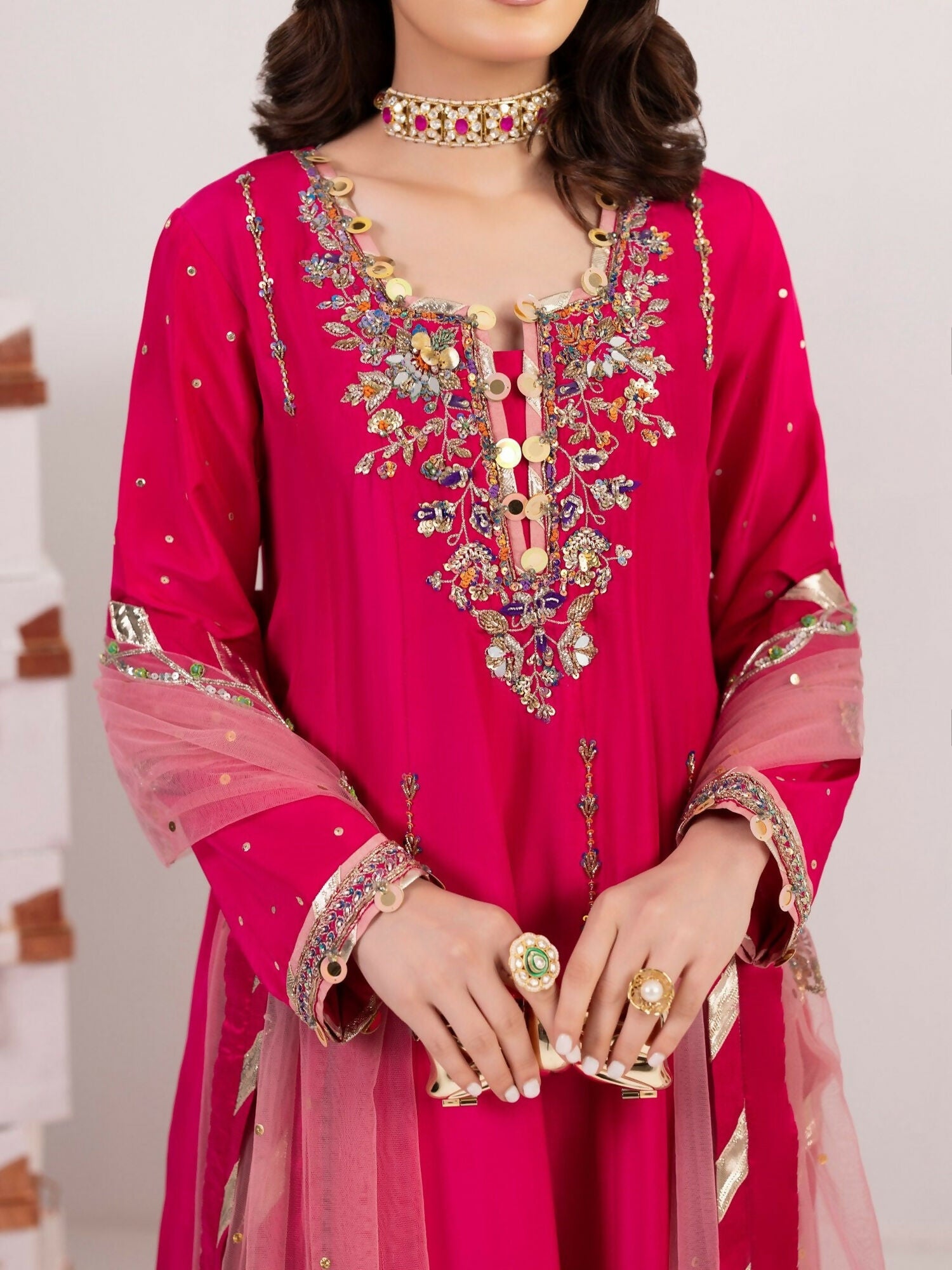 Shurooq Echoes In Bloom Silk Embellished Stitched 3-Piece Suit-Fuschia Flame