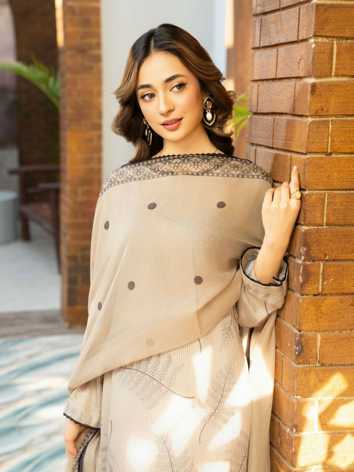 Panache Apparel Fiona SS'25 Dobby Lawn Printed Stitched Suit-Dune