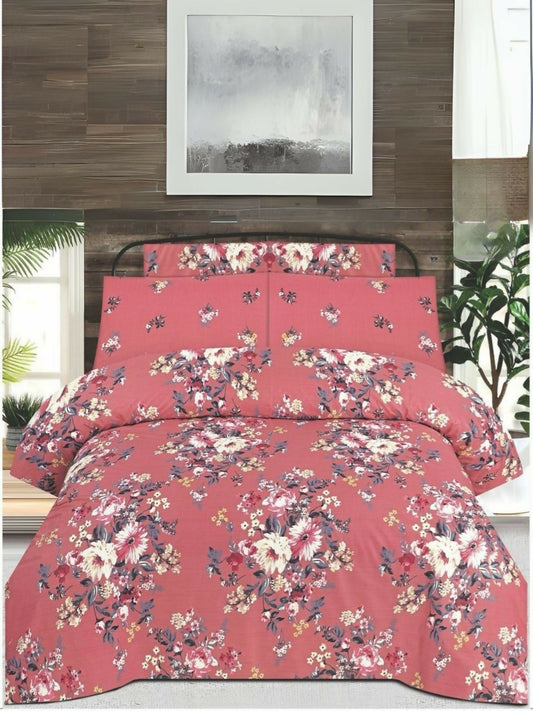 Danier 6pcs comforter set in peach with colorful floral design – includes comforter, bedsheet, and four pillow covers.
