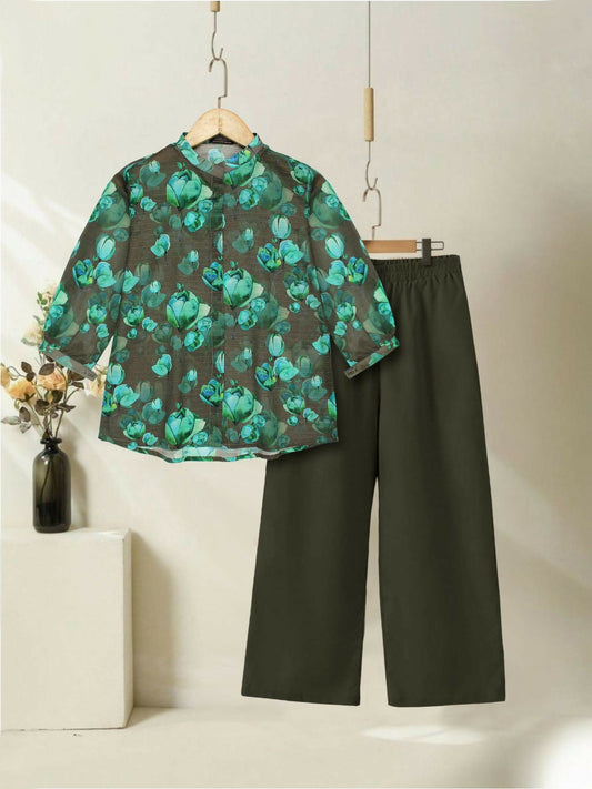 Black and Sea Green Velvour Girls Printed Co-ord Set-VG132-A