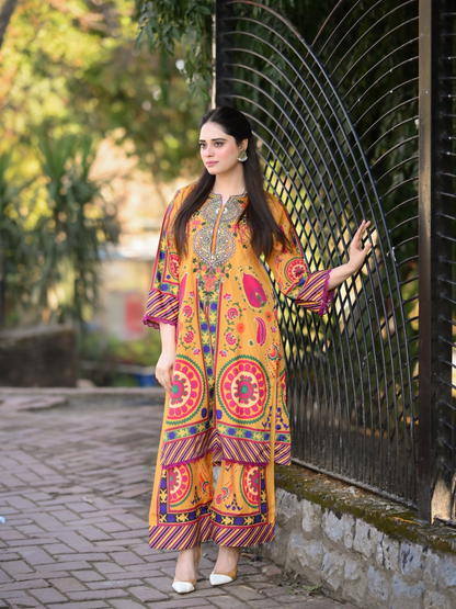 Tehzeeb Libas Poly Lawn Embroidered Co-Ord Set-Caramel
