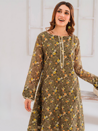 Panache Apparel Chambray Katan Printed Stitched 2-Piece Suit-Evergreen