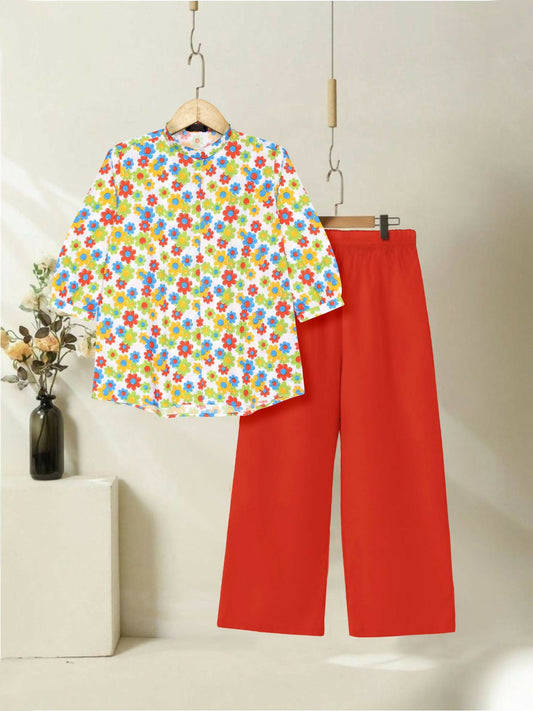 Multi and Red Velvour Girls Printed Co-ord Set-VG152-A
