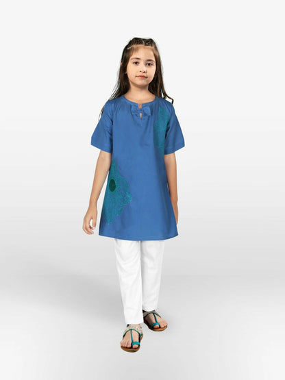 Blue Velvour Girls Embroidered Stitched Kurti Tunic-VG98-B