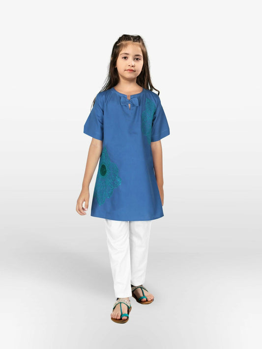 Blue Velvour Girls Embroidered Stitched Kurti Tunic-VG98-B
