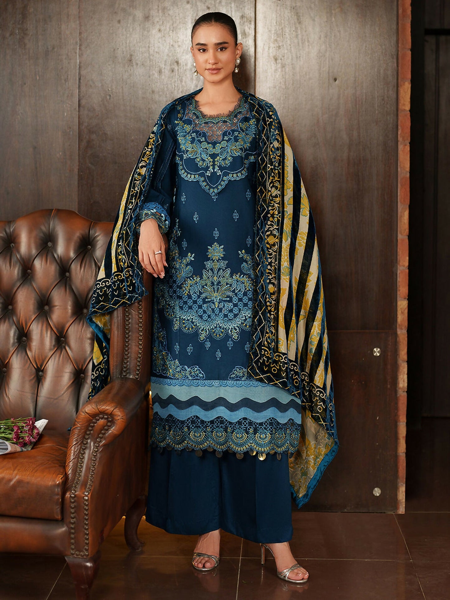 Parishay Panache Winter Corduroy Embroidered Stitched 3-Piece Suit-PNE-12