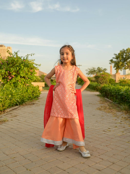 Kidoz Kloset Cotton Silk Embroidered Stitched 3-Piece Suit-Silver Whisper Peach-Girl