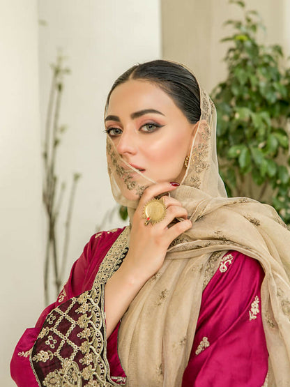 Panache Apparel Chambray Katan Embroidered Stitched 2-Piece Suit-Zaaviay