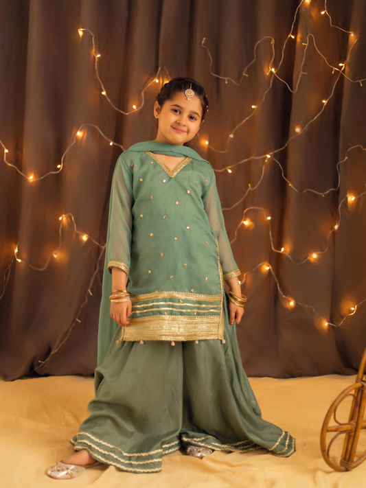 Kidoz Kloset Chiffon Embroidered Stitched 3-Piece Suit-Groovy Green