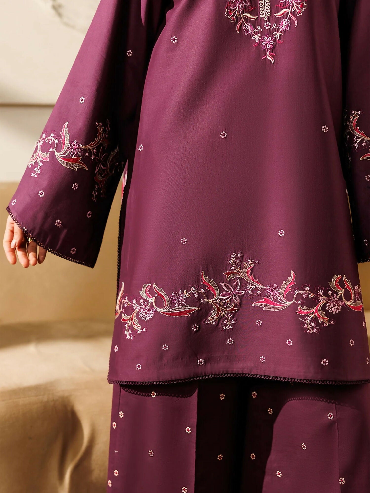 Panache Apparel Mistfall Ramadan Edit Cotton Embroidered Stitched Suit-Espresso