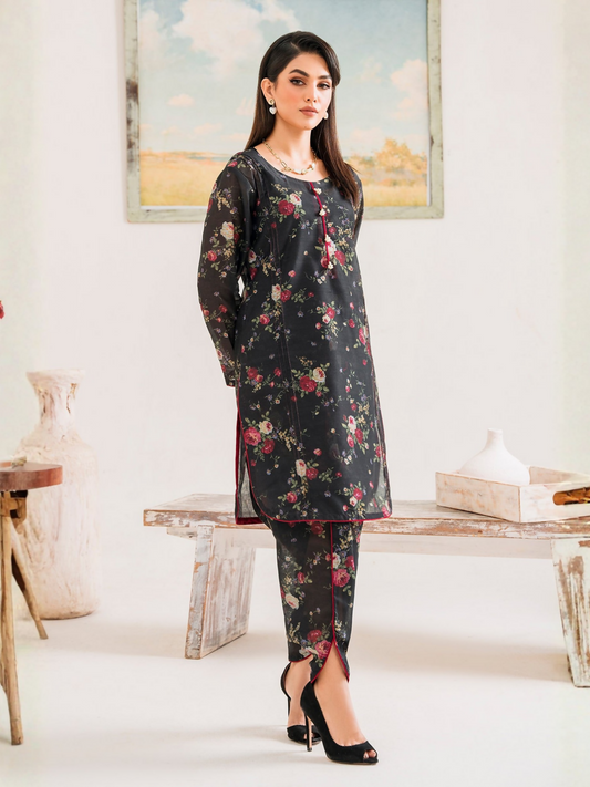 Panache Apparel Chambray Katan Printed Stitched 2-Piece Suit-Cosmos