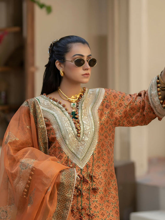 Shiza Hassan Chap Tilak Formals Pure Tusser Silk Embroidered Stitched 2-Piece Suit-Heirloom