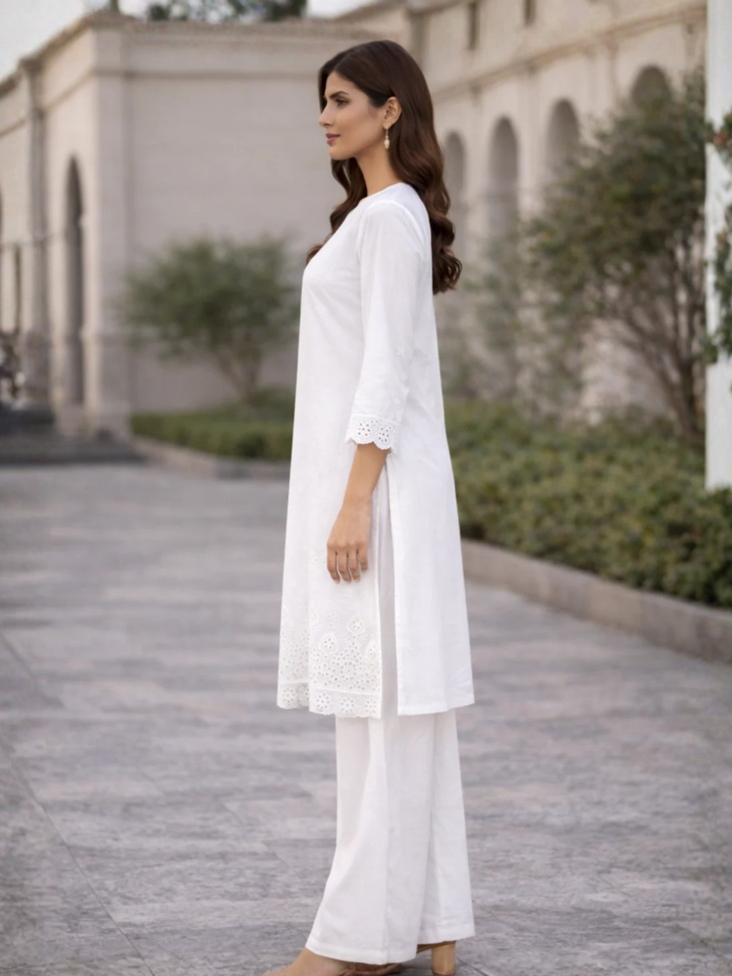 White HEM Cotton Embroidered Stitched 3-Piece Suit-Dya